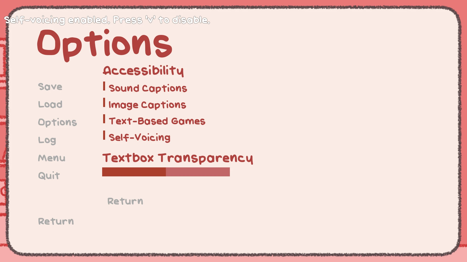 Custom accessibility panel with Sound Captions, Image Captions, Text-Based Games, Self-Voicing, Textbox Transparency